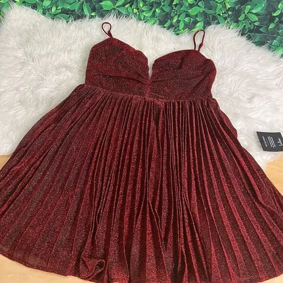 Lulus Shine Tonight Red Sparkly Pleated Skater Dress - Picture 9 of 12